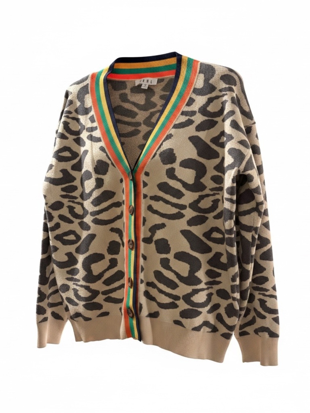 THML Beige Leopard Cardigan with Multicolor Trim Buttons